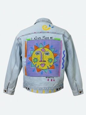 1980/90s Upcycled Hand-Painted Denim Jacket – “Sun Face” Statement Piece